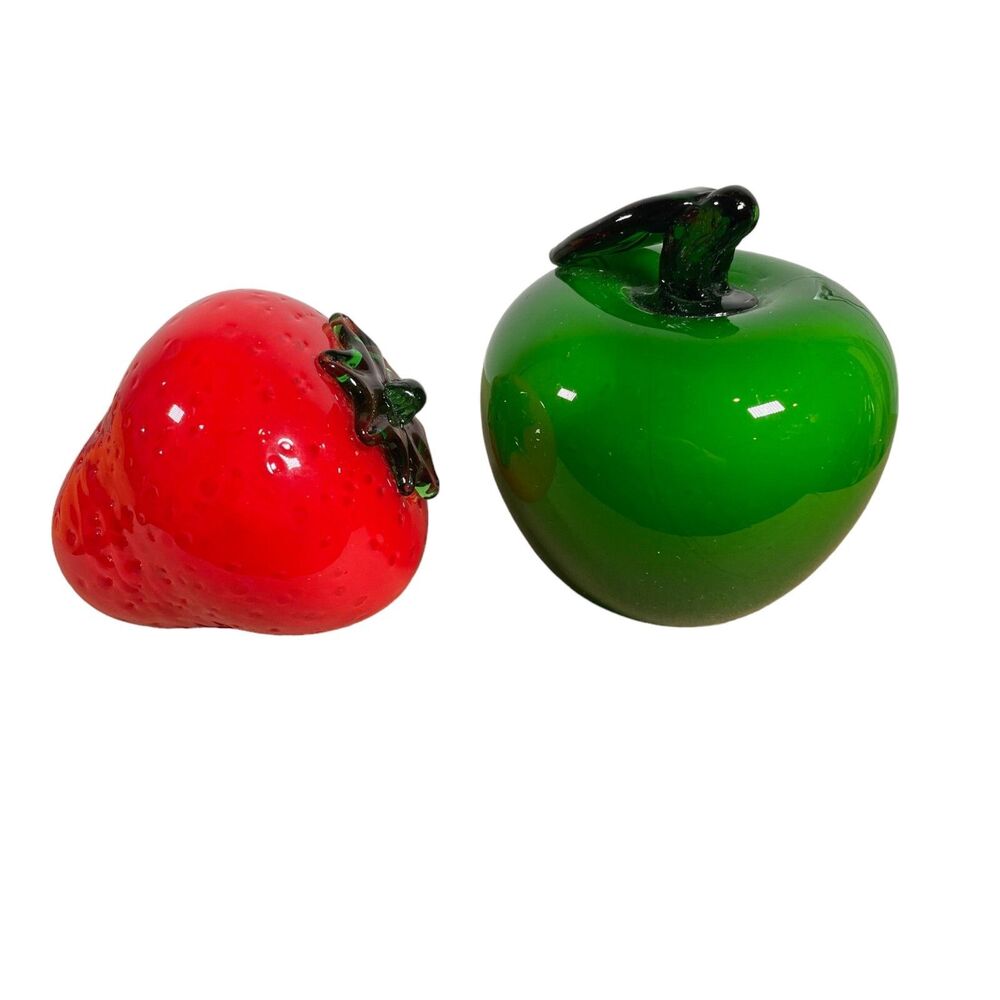 Hand Blown Glossy Glass Fruit Art Red Strawberry Green Apple VTG